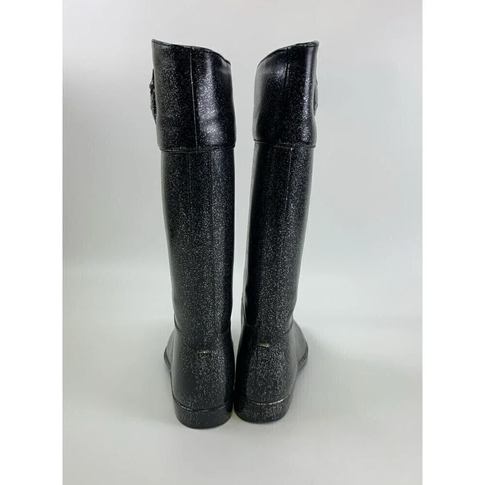 BOGO Hello Kitty Angelina Shimmer Rain Boots Black Glitter Pull On Knee High 6